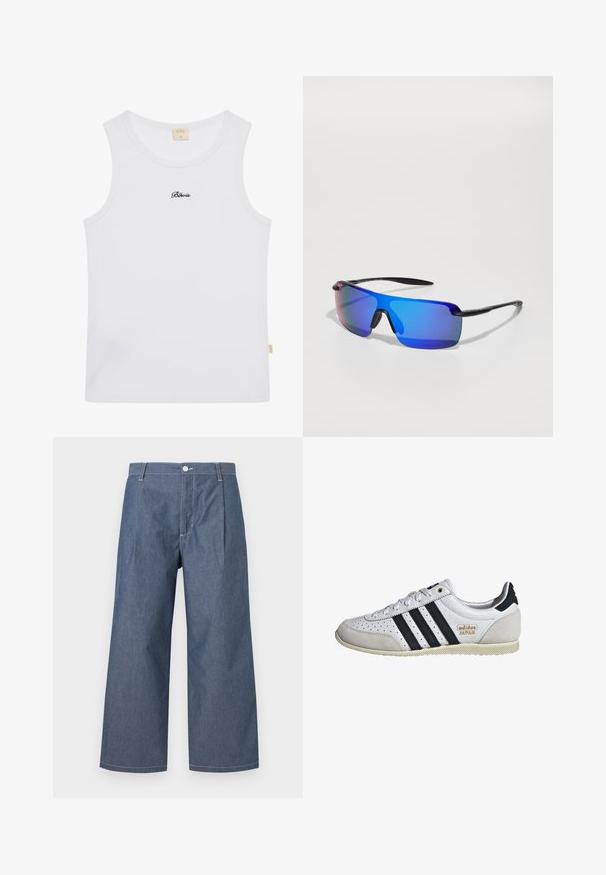 Witte geribde tanktop met een ronde halslijn en de tekst "Blevis" geborduurd in het zwart op de borst. Zachte stof met een lichte rek.; Lichte spijkerbroek in een donkerblauwe tint, met hoge taille, wijde benen, plooien aan de voorkant en een knoopsluiting.; Witte sneaker met zwarte strepen en gouden branding. Bevat suède en leren materialen, geperforeerde bovenkant en een getextureerde rubberen zool.; Sportzonnebril met een zwart frame, blauwe gespiegeld lenzen, hoekige vorm en rubberen neuspads voor grip. De lenzen hebben een verloopkleur.