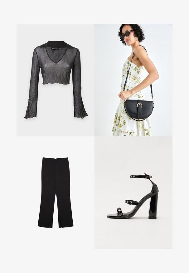 Svart genomskinlig långärmad kort topp med V-ringning, med en krinklad textur och spetsdetaljer på ärmarna.; Svarta byxor med rak passform, utrustade med framfickor och sidoklyvningar vid fållen. Tillverkade av mjukt, slätt tyg. Lämpliga för olika tillfällen.; Svarta lackerade klacksandaler med fyrkantig tå, ankelremmar och silverfärgade spännen. Har en kraftig blockklack för stabilitet.; Svart läderhandväska med en böjd form, avtagbar rem och guldiga detaljer. Väskan har ett lock med en spänndetalj.