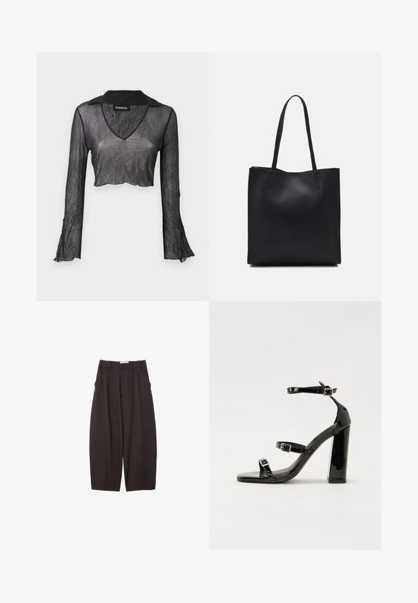 Černý průsvitný cropped top s dlouhým rukávem a výstřihem do V, s jemně zmačkanou texturou a krajkovými detaily na rukávech.; Černé široké kalhoty vyrobené z hladkého materiálu, s vysokým pasem, předními sklady a bočními kapsami. Jednoduchý design bez ozdob.; Černé lakované sandály na podpatku se čtveratou špičkou, lýtkovými pásky a stříbrnými přezkami. Disponují masivním blokovým podpatkem pro stabilitu.; Černá kožená taška přes rameno s hladkým povrchem, obdélníkovým tvarem a dvěma dlouhými uchy. Žádné viditelné kování ani ozdoby.