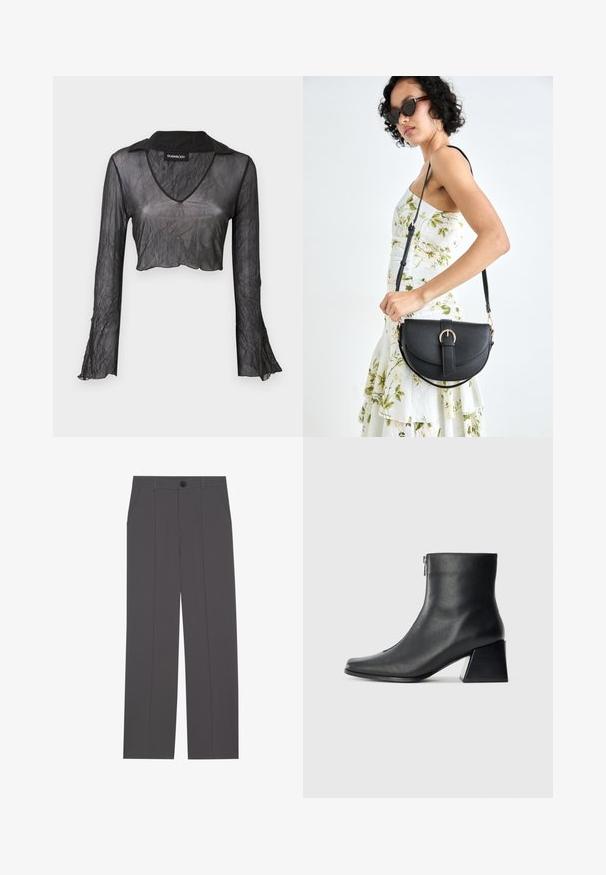 Fekete áttetsző, hosszú ujjú, cropped topp a V-nyakkivágással, ráncolt textúrával és csipke díszítéssel az ujjakon.; Szürke nadrág egyenes lábformával, két oldalsó zsebbe és gombos záródással. Simább anyag, látható minták vagy díszítés nélkül.; Fekete bőr bokacsizma négyzetes orral, oldalsó cipzárral és tömbsarkal, egyszínű világos háttér előtt.; Fekete bőrtáska ívelt formával, levehető pánttal és arany színű fémrészekkel. A táskán egy csattal díszített fedél található.