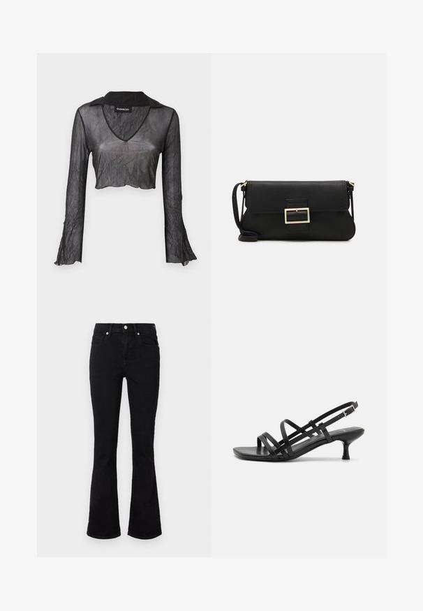 Black sheer long-sleeve cropped top with a V-neck, featuring a crinkled texture and lace accents on the sleeves.; Black flared jeans made of denim, featuring a mid-rise waist, front pockets, and button closure. Smooth texture with minimal stitching details.; Black heeled sandals with multiple crisscross straps. Smooth material, pointed toe, and narrow heel. Adjustable ankle strap with buckle.; Black leather clutch bag with a flap and a gold metal buckle detail. Includes a black strap and a sleek, minimalist design.; Silver hoop earrings with a twisted design, featuring a polished finish and post-back closure. Measure approximately 3 cm in diameter.