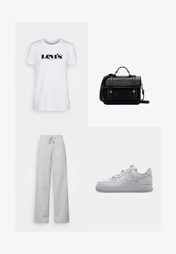 Levi's® THE PERFECT TEE - Printtipaita - white; Harmaat verkkarit, joissa on elastinen vyötärö, nauhaverhoilu ja pieni valkoinen Nike-logo vasemmassa reidessä. Pehmeä kangas, löysä istuvuus.; Valkoinen nahkakenkä matalalla designilla, pyöreällä varvalla, rei'itettyjen yksityiskohtien kanssa ja teksturoidulla kumipohjalla. Varressa harmaita yksityiskohtia.; Musta nahkainen olkalaukku, jossa on rakenteellinen muotoilu, ylhäältä kantohihna, säädettävä olkahihna, etulevy ja metallikoristeet. Edessä brändäys.