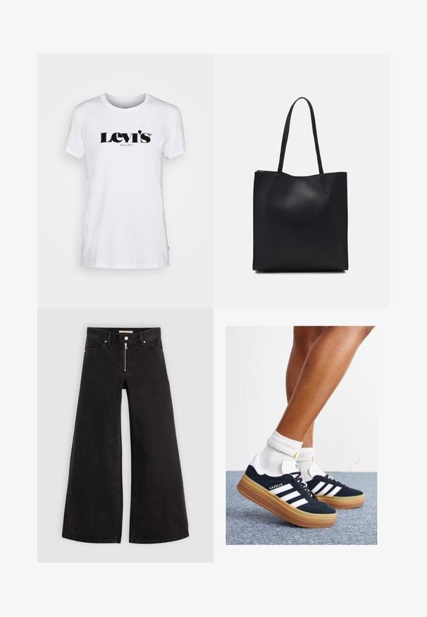 Levi's® THE PERFECT TEE - Trükipildiga T-särk - white; Laiad teksad mustast denimist, millel on lukuga eesmine osa, viie taskuga disain ja peened õmblusdetailid. Sile tekstuur ja juhuslik stiil.; Mustad seemisnahast tossud valgete triipude ja detailidega, ümarate varbassosadega, kummist välistallaga, paaritatud valgete soonikuliste meessokkidega.; Mustast nahast kott sujuva tekstuuriga, ristkülikukujuline ja kahe pika sangaga. Pole nähtavat riistvara ega kaunistusi.