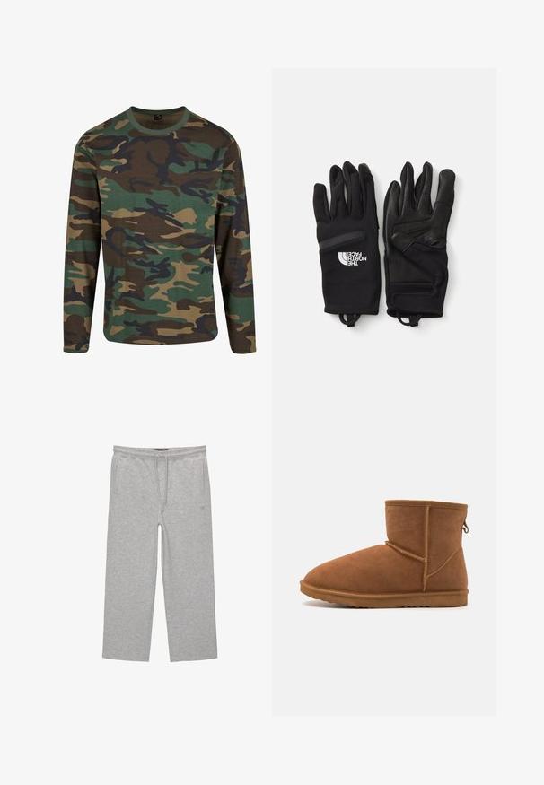 Långärmad camouflagemönstrad t-shirt i jordnära färger; har mönster i grönt, brunt och svart; rund hals; mjukt material; avslappnad passform.; Grå bomullsloungebyxor med elastisk midja, snörning och två sidfickor; rak bendesign, mjukt tyg, inga mönster.; Brun mocka ankelsko med rund tå, flexibel gummisula och förstärka söm detaljer. Inkluderar en hängare baktill.; Svarta handskar tillverkade av en blandning av texturerat tyg och läder. Funktioner inkluderar förstärkta fingertoppar, logotryck och säkra handledsremmar.