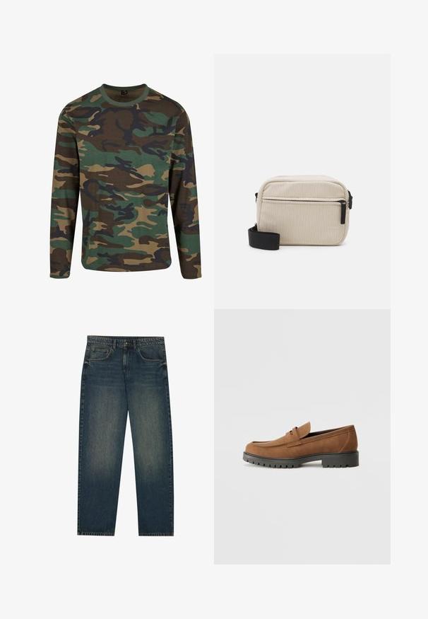 Ilgų rankovių kamufliažo marškiniai žemės atspalvių; su žaliais, rudos ir juodais raštais; apvali iškirptė; minkšta medžiaga; laisvas kirpimas.; Tamsiai mėlyni džinsai su tiesiu kirpimu, penkių kišenių dizainu ir šiek tiek nudilusiomis kojomis. Tinka kasdieniam dėvėjimui.; Rudos zomšos loafer'iai su apvaliu pirštu ir žemu juodu guminio pado, su dekoratyviniu dirželiu ir siuvinėjimo detalėmis ant viršaus.; Grietos spalvos kordūrinė per petį nešama rankinė su juodu užtrauktuku, nuimamu diržu ir tekstūruotu raštu. Yra viena pagrindinė kišenė ir priekinė kišenė.