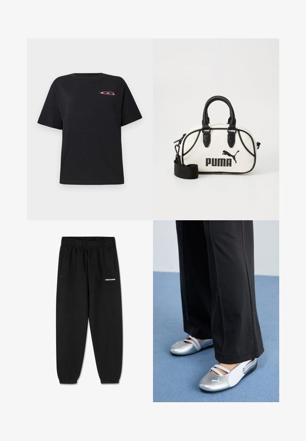 Black cotton t-shirt with a relaxed fit, crew neckline, short sleeves, and a colorful logo embroidered on the left chest.; Black sweatpants made of soft fabric, featuring a drawstring waistband, tapered legs, and side pockets. “PEGADOR” logo in white on the front.; Silver and white flat shoes with crossover straps and textured detailing, complemented by loose black trousers. Set against a blue floor.; White handbag with black accents, featuring a Puma logo. Short, rounded handles and a detachable strap, made from textured synthetic material.