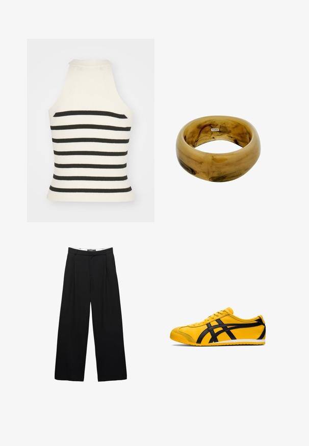 Top halter rigato in strisce crema e nere. Presenta un design aderente con scollatura alta e senza maniche. Tessuto testurizzato.; Pantaloni neri a gamba larga realizzati in tessuto liscio. Presentano pieghe frontali, una vita con passanti per la cintura e una silhouette sartoriale.; Scarpa da atletica gialla con accenti neri, texture in pelle liscia, design curvo, punta rotonda, suola piatta bianca e marchio prominente sul lato.; Bracciale in resina marrone traslucida con superficie liscia e arrotondata e una leggera venatura; presenta una piccola etichetta con marchio all'interno.