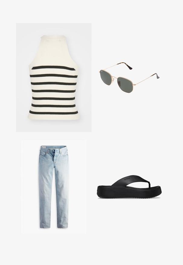 Geribbelde haltertop in crèmekleur met zwarte strepen. Heeft een getailleerd ontwerp met een hoge halslijn en mouwloze snit. Textuurstof.; Lichtblauwe denim jeans met een rechte pijp, twee voorzakken en twee achterzakken. Inclusief een dubbele knoopsluiting en subtiele stiksels.; Zwarte flip-flop sandaal met een verhoogde zool, gemaakt van rubbermateriaal. Kenmerkt zich door een teenband en een gestructureerde voetbed voor grip.; Gouden metalen zonnebril met donkergroene lenzen, aviator-stijl, met slanke scharnieren en schildpad-accenten op de uiteinden.