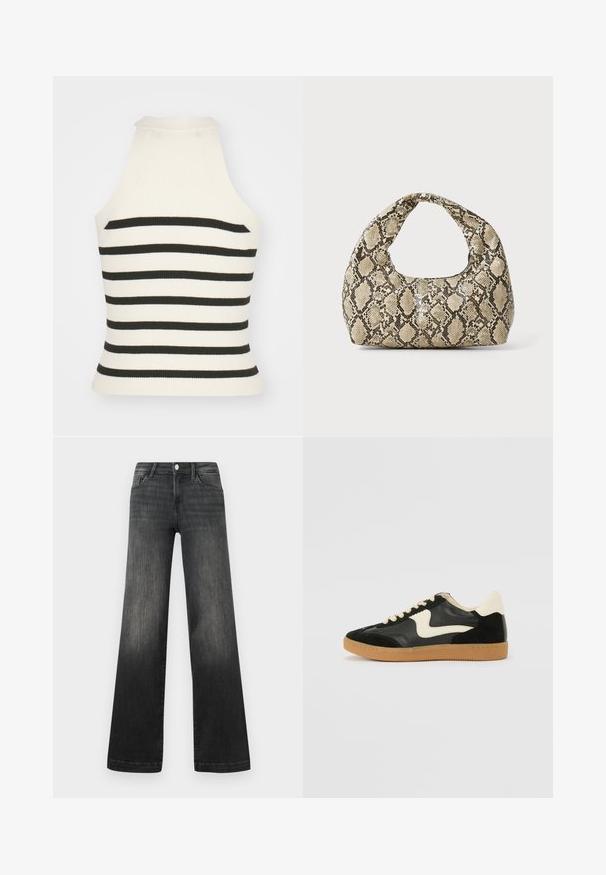 Top halter rigato in strisce crema e nere. Presenta un design aderente con scollatura alta e senza maniche. Tessuto testurizzato.; Jeans neri a gamba larga in denim scolorito, con tasche frontali, chiusura a bottone e dettagli di cucitura discreti lungo le cuciture.; Sneaker nera in suede e pelle con un sorriso laterale crema e un tallone di un leggero crema. Presenta lacci beige e una suola in gomma color caramello.; Borsa a stampa rettile con manico curvo. Realizzata in materiali testurizzati beige e marroni, presenta un distintivo motivo a rombi.