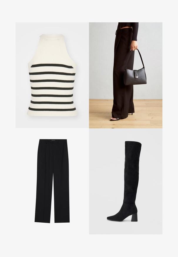 Ribbed Hals-top in Creme und Schwarz gestreift. Mit einem taillierten Design, hohem Kragen und ärmellosem Schnitt. Strukturierter Stoff.; Schwarze Hose mit geradem Bein, ausgestattet mit zwei frontalen Taschen und einem Taillenbund. Hergestellt aus einem glatten, leichten Stoff.; Schwarze Wildleder-Stiefel bis zum Knie mit Blockabsatz, spitzer Zehe und glattem, nahtlosem Design auf einem schlichten, hellen Hintergrund.; Schwarze Handtasche mit strukturierter Form, glatter Textur und einem metallischen Verschluss. Kombiniert mit weiten schwarzen Hosen und offenen Sandalen auf einem Holzboden.