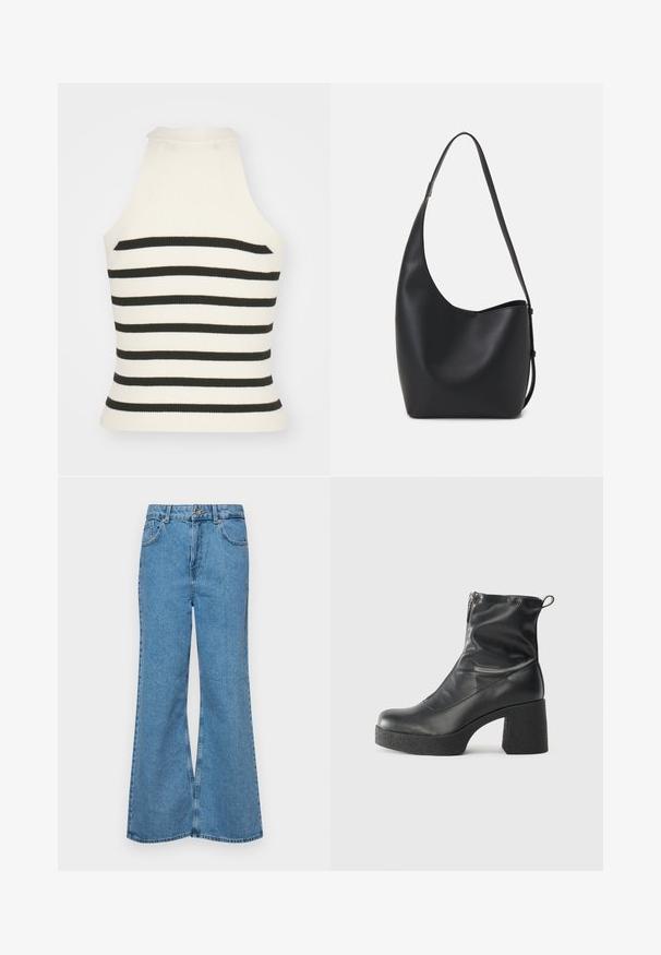 Ribani top na halter u krem i crnim prugama. Karakteriše ga prilagođeni kroj s visokim izrezom i bez rukava. Tekstuirana tkanina.; Svijetloplave traperice s flared nogavicama, visokog struka, s pet džepova i jednim dugmetom za zatvaranje. Mekani materijal s izblijedjelim izgledom.; Crne gležnjače od glatke kože, s bočnim zatvaračem, debelim teksturiranim potplatom i dizajnom s zaobljenim prstima.; Crna kožna hobo torba s glatkom teksturom, zakrivljenim oblikom i jednom podesivom trakicom; ima širok otvor na vrhu.