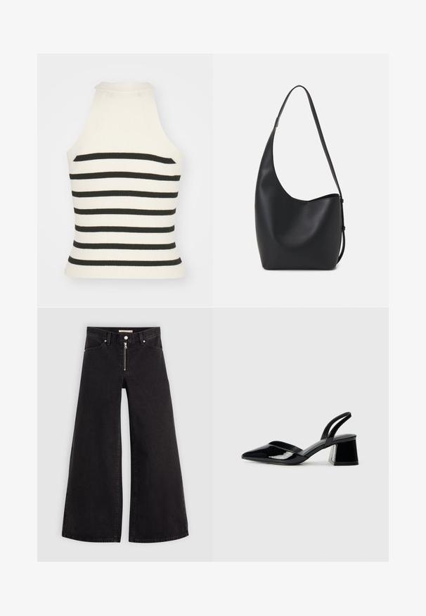 Páskový halter top v krémových a černých pruzích. Má přiléhavý střih s vysokým výstřihem a bezrukávovým provedením. Texturovaná tkanina.; Džíny s širokými nohavicemi v černém denimovém provedení se zipem vpředu, pěti kapsami a jemnými švy. Hladká textura a ležérní styl.; Černé lakované kožené lodičky na pásku s špičatou špičkou a geometrickým blokovým podpatkem. Vyznačují se elegantním, minimalistickým designem a hladkým povrchem.; Černá kožená hobo taška s hladkým povrchem, zakřiveným tvarem a jedním nastavitelným popruhem; má široké otevírání nahoře.