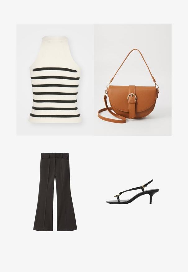 Geribbelde haltertop in crèmekleur met zwarte strepen. Heeft een getailleerd ontwerp met een hoge halslijn en mouwloze snit. Textuurstof.; Zwarte flared broek met een hoge taille; beschikt over twee voorkeurszakken en een gladde stoftextuur. Geschikt voor verschillende gelegenheden.; Zwarte leren kitten heel sandaal met dunne banden, gouden gesp en minimalistische teenlus op een witte achtergrond.; Bruine leren schoudertas met een gebogen vorm, gouden hardware en een gespaccent. Bevat een afneembare schouderriem.