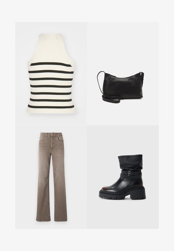 Top halter de canalé en rayas crema y negro. Presenta un diseño ajustado con un cuello alto y sin mangas. Tejido texturizado.; Jeans de pierna recta de talle alto color marrón con botón frontal, trabillas para el cinturón y diseño clásico de cinco bolsillos sobre un fondo blanco.; Botín negro de cuero hasta el tobillo con un diseño arrugado en la parte superior, detalle de hebilla y suela gruesa y resistente. Presenta una puntera redonda y una textura suave.; Bolso de hombro de cuero negro con una textura suave, forma curvada, correa ajustable y cierre con cremallera. Diseño minimalista sin adornos.