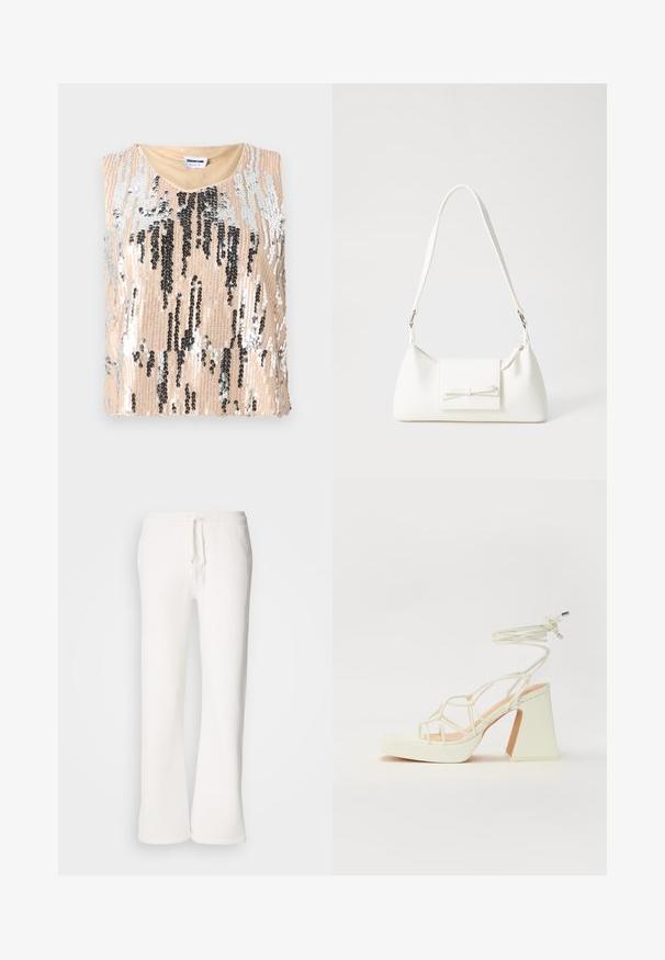 Ehepäheline topp, millel on beež alus koos mustade ja hõbedaste vertikaalsete mustritega, ilma varrukateta kujundus ja ümardatud kaelus. Sile tekstuur.; Valged, mugavad spordipüksid, mis on valmistatud pehmest kangast, elastse talje ja nööridega, sirgete jalgadega disainiga.; Valged kõrge kontsaga sandaalid, millel on paks konts ja rihmadega disain koos pahkluu sidumisega. Sile tekstuur ja platvorm ees, et lisada kõrgust.; Valge sünteetilisest materjalist kott kolmnurkse kujuga, lame esiklapiga ja kaaredetailiga, reguleeritava rihmaga, sileda tekstuuriga ja minimalistliku disainiga.