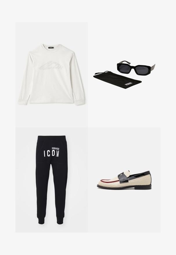 Long-sleeve light gray T-shirt made from cotton, featuring a round neckline, side slits, and a faint printed logo on the front.; Black sweatpants featuring a soft texture, tapered legs, and pockets. The back displays "DSQUARED2 ICON" in bold white letters.; Beige loafers with embossed pattern, red accent stripe, and glossy black heel. Features a strap with buckle detail. Flat black sole.; Black sunglasses with angular, oversized frames and dark lenses, accompanied by a black microfiber pouch with a logo on it.