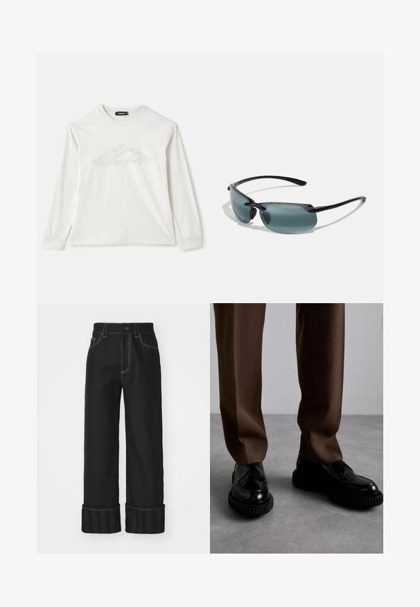 Langärmliges, hellgraues T-Shirt aus Baumwolle mit Rundhalsausschnitt, seitlichen Schlitzen und einem schwach gedruckten Logo auf der Vorderseite.; Schwarze weit geschnittene Jeans mit kontrastierender weißer Naht, Fünf-Taschen-Design und gestreiften Bündchen. Das Material wirkt robust und hat eine glatte Textur.; Schwarze Lederschuhe mit gerippten schwarzen Sohlen, kombiniert mit braunen, maßgeschneiderten Hosen aus einem glatten, strukturierten Stoff.; Sonnenbrille mit einem schwarzen Rahmen, grauen getönten Gläsern und einem eleganten Design. Merkmale sind abgerundete Kanten und dünne Bügel für einen leichten Look.