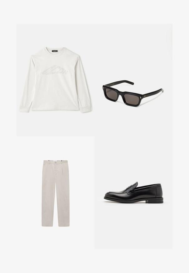 Dlouhá šedá tričko s dlouhým rukávem vyrobené z bavlny, má kulatý výstřih, postranní rozparky a jemně tištěné logo na přední straně.; Světle béžové kalhoty vyrobené z měkké tkaniny, s rovný střih, dvěma bočními kapsami a předním zapínáním na knoflík. Lehká a hladká textura.; Černé kožené polobotky s hladkou texturou, zaoblenou špičkou a zdobným páskem přes nárt. Nízký stohovaný podpatek, minimalistický design.; Černé obdélníkové sluneční brýle s tmavými skly, silným plastovým rámem, zlatými akcenty na spáncích a vyrytým logem značky na nožičce.