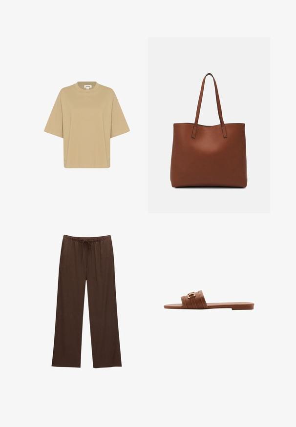 Beżowy, oversize t-shirt wykonany z miękkiego materiału, z okrągłym dekoltem i krótkimi rękawami. Brak widocznych wzorów lub ozdób.; Brązowe spodnie szerokie wykonane z miękkiego materiału, z elastycznym paskiem w talii i sznurkiem, oraz dwiema bocznymi kieszeniami.; Brązowe skórzane klapki z dwiema szerokimi paskami, zdobionymi dekoracyjnym przeszyciem i złotą klamrą. Płaska podeszwa.; Brązowa skórzana torba tote o gładkiej fakturze, z otwartym wierzchem i dwoma ramiączkami. Charakteryzuje się minimalnym przeszyciem i brakiem widocznych elementów metalowych.
