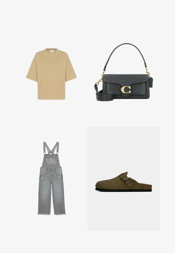 Beige Übergröße T-Shirt aus weichem Stoff mit Rundhalsausschnitt und kurzen Ärmeln. Es sind keine Muster oder Verzierungen sichtbar.; Graue Denim-Latzhose mit verstellbaren Trägern, Brusttasche, Seitenknöpfen und verwaschenen Details an den Beinen.; Olivgrüner Clog mit breit einstellbarem Riemen und bronzefarbenem Schnallen, Korkfußbett und schwarzem Gummisohle.; Schwarze Lederhandtasche mit goldenen Hardware-Akzenten, ausgestattet mit einem charakteristischen Verschluss, einem abnehmbaren Schultergurt und einer strukturierten Oberfläche.