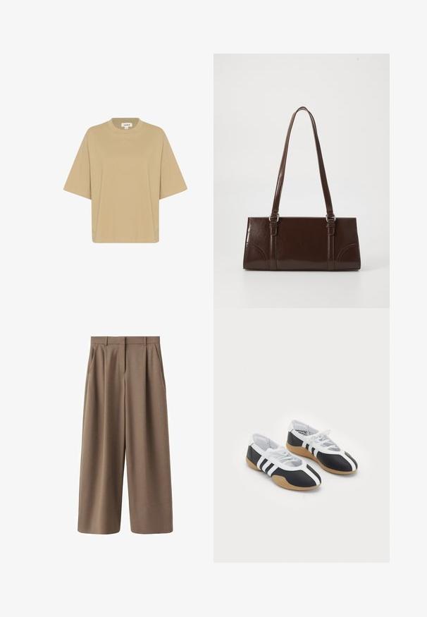 Camiseta de gran tamaño color beige, confeccionada en tela suave, con cuello redondo y mangas cortas. No se aprecian patrones ni adornos.; Pantalones marrones de pierna ancha con una textura suave, pliegues frontales y una cintura alta. Presentan un diseño ajustado y bolsillos laterales.; Zapatillas deportivas en blanco y negro con un diseño elegante, suela de goma, cierre de cordones y tres franjas blancas en los lados.; Bolso de mano de piel sintética marrón con forma rectangular, dos asas largas y sutiles acentos curvados en la parte delantera.