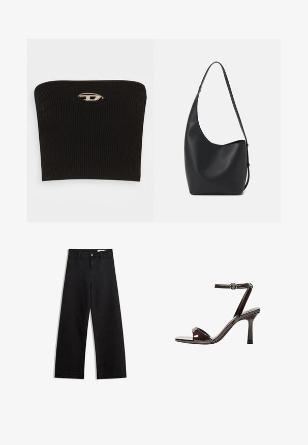 Fekete bordázott pánt nélküli felső, jellegzetes ovális ezüst logóval a közepén. Simára kidolgozott textúra és testhez simuló kialakítás.; Fekete, bő szabású farmernadrág magas derékkal, elülső és hátsó zsebekkel, varrott felületekkel és gombos záródással. Sima textúra.; Barna lakkbőr magassarkú szandál, bokaheggyel, nyitott orral és letisztult, minimalista dizájnnal. Négyzet alakú sarokkal rendelkezik.; Fekete bőr hobo táska sima textúrával, ívelt formával és egyetlen állítható pánttal; széles nyílás található a tetején.