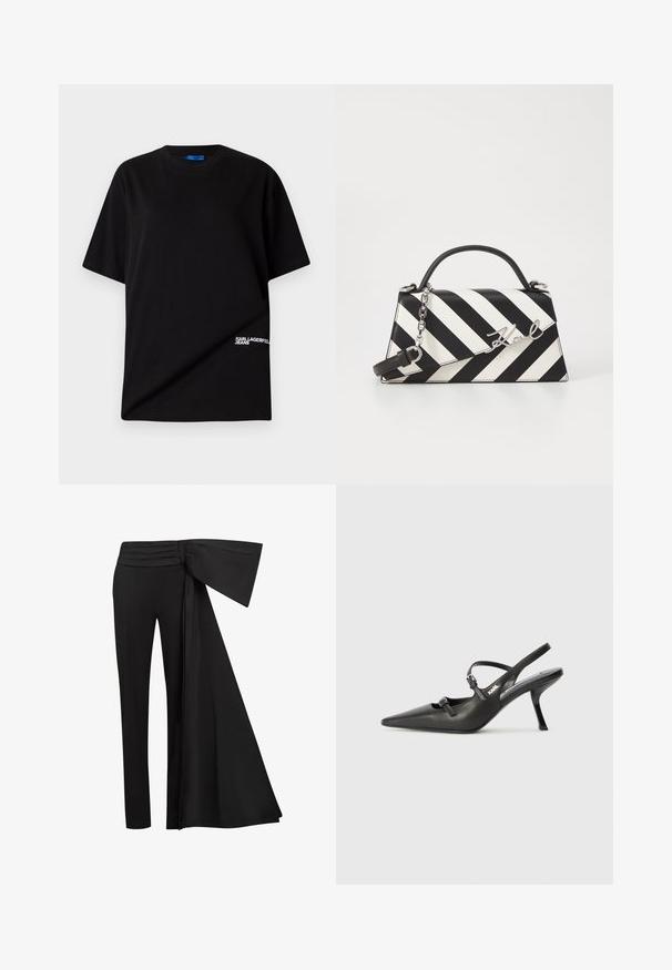 Camiseta de algodón negra con cuello redondo, mangas cortas y un logotipo blanco "KARL LAGERFELD JEANS" en la parte inferior izquierda.; Pantalones negros con un ancho detalle de cinta drapeada en la cintura. Tejido suave, corte recto de pierna y cinturilla plisada.; Tacones slingback de cuero negro con punta afilada, tacón delgado y detalle decorativo de hebilla en la parte superior. Textura suave y diseño elegante.; Bolso de mano a rayas en blanco y negro con una forma estructurada, que cuenta con un asa superior, una correa de cadena desmontable y un acento de logo metálico.
