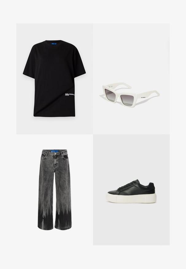 Črna bombažna majica s kratkimi rokavi in okroglo odprtino za vrat, na spodnjem levem robu pa je bel napis "KARL LAGERFELD JEANS".; Široke jeans hlače iz izžgane črne denima, ki vsebujejo efekt dip-dye, jeklene dodatke ter klasično pet-pocket zasnovo z običajnim pasom.; Črne usnjene superge z zaobljenim prstom, belim platformskim podplatom in črnimi vezalkami. Imajo subtilen logotip na peti in gladko teksturo.; Bela prevelika sončna očala z mat površino, angularno obliko, gradientnimi sivozelenimi lečami in subtilnim logotipom na ročaju.