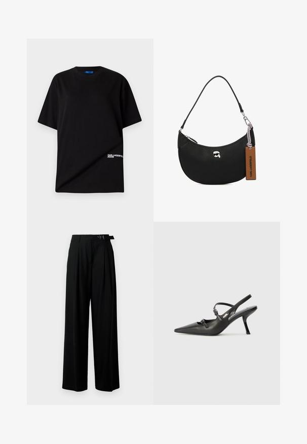 Melnas kokvilnas T-krekls ar apaļu kakla izgriezumu, īsām piedurknēm un baltu "KARL LAGERFELD JEANS" logo kreisajā apakšējā stūrī.; Melni plaši bikses ar augsto jostasvītru, priekšā ar krokojiem un jostu ar sprādzi. Izgatavotas no gludas, vieglas auduma.; Melnas ādas slingback papēži ar norādītu purngalu, izsmalcinātu papēdi un dekoratīvu sprādzi uz priekšpuses. Gluda tekstūra un elegants dizains.; Melnas ādas rokassomu ar akmens struktūru, izliekta forma, augšējā rāvējslēdzēja aizvēršana, sudraba detaļas un brūns birkas. Iespējas logotipa akcentam.