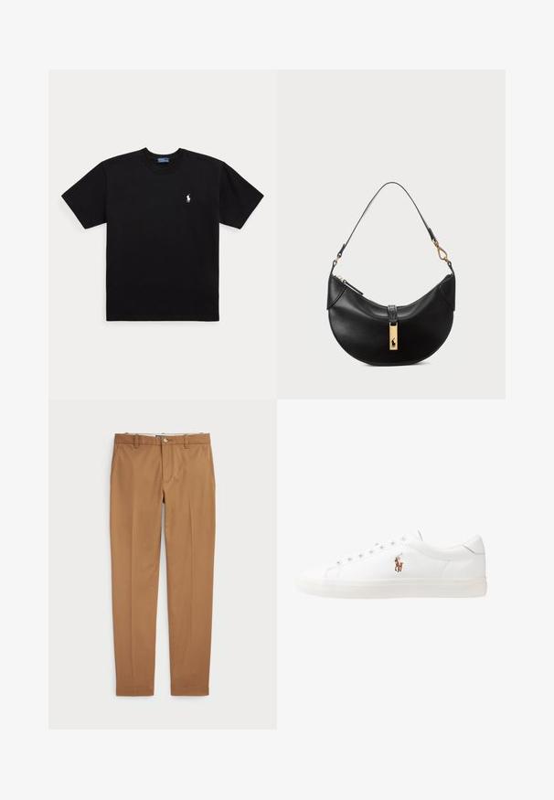 Czarna bawełniana koszulka t-shirt z okrągłym dekoltem, krótkimi rękawami i małym białym logo polo na lewej piersi. Miękka tekstura, klasyczny fason.; Brązowe bawełniane spodnie w fasonie slim-fit, z płaskim przodem i standardowymi kieszeniami; gładka tekstura i podwinięte mankiety.; Białe skórzane sneakersy, niskoprofilowy design, charakteryzujące się gładką fakturą, okrągłym noskiem, sznurowanym przodem i małym haftowanym logo z boku.; Czarna skórzana torebka w kształcie półksiężyca. Ma złote akcenty i wąski pasek. Gładka tekstura, zamek błyskawiczny na górze.