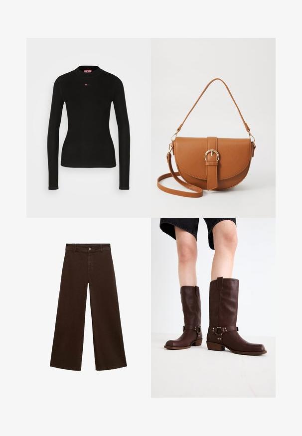 Bluză neagră cu mâneci lungi, din material ribatat, cu guler rotund și un mic logo roșu Diesel brodat pe piept.; Pantaloni largi maro dintr-un amestec de bumbac, cu un tiv desfăcut, închidere cu buton frontal și un design clasic cu cinci buzunare. Minimalist și versatil.; Cizme din piele maro, până la genunchi, cu vârf rotunjit, suprafață texturată, curea la gleznă și detalii din metal argintiu; toc înălțat.; Geantă din piele maro, tip crossbody, cu o formă curbată, accesorii aurii și un accent cu cataramă. Dispune de un curea de umăr detașabilă.