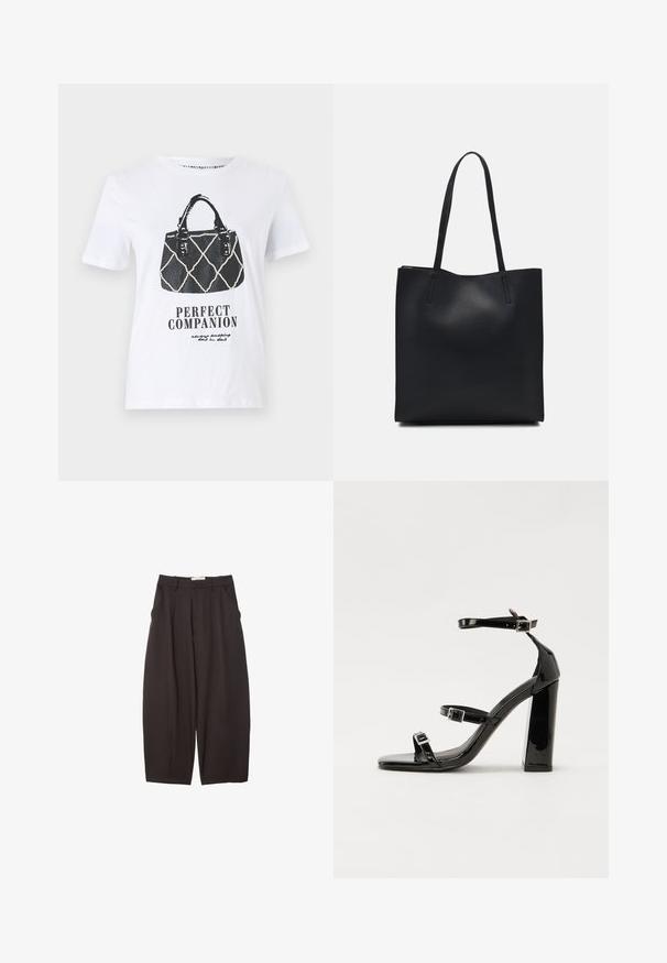 Bílý tričko s černou grafikou kabelky s prošívaným designem, koženými popruhy a textem "PERFEKTNÍ SPOLEČNÍK" pod ním.; Černé široké kalhoty vyrobené z hladkého materiálu, s vysokým pasem, předními sklady a bočními kapsami. Jednoduchý design bez ozdob.; Černé lakované sandály na podpatku se čtveratou špičkou, lýtkovými pásky a stříbrnými přezkami. Disponují masivním blokovým podpatkem pro stabilitu.; Černá kožená taška přes rameno s hladkým povrchem, obdélníkovým tvarem a dvěma dlouhými uchy. Žádné viditelné kování ani ozdoby.