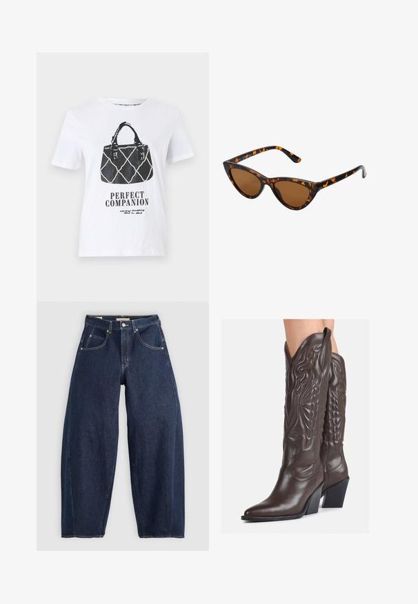 Valge t-särk, millel on must graafika käekotist, millel on tikandmusterdus, nahkrihmad ja tekst "IDEAALNE SELTSILANE" all.; Tumed sinise denimist teksad, millel on lahtine lõige, heledad õmblused, viis taskut ja nupuga sulgemine vöökohal.; Pruunid nahast cowboy saapad terava varbaga ja plokk-kandaga, millel on detailne tikand ja kergelt tõstetud aktsendid varrel.; Kassi vormiga prillid musta ja oranži kilpkonnakujulise raami, pruunide läätsede ja elegantsete teravate otstega. Templi juures on minimaalne logo.; Väike kreemjas käekott tekstureeritud viimistlusega, pikendatav rihm, ketiläbimõõt ja klapiga sulgemine. Kuldsed metalldetailid.