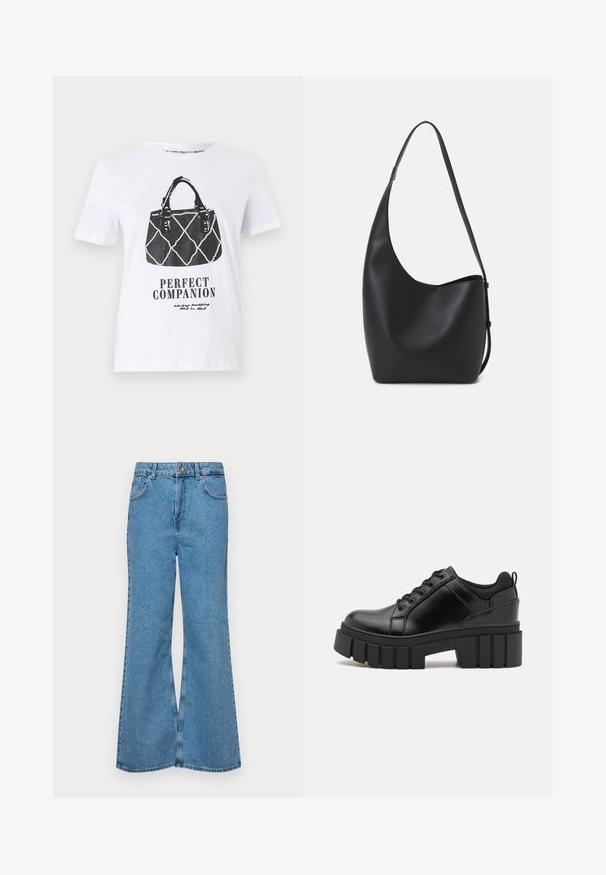 Bela majica s kratkimi rokavi z belim grafičnim prikazom torbice z rebrasto površino, usnjenimi trakovi in napisom "ŽELOJEN SOODELAVEC" spodaj.; Svetlo modri razširjeni džins hlače iz denima, z visokim pasom, petimi žepi in enim gumbom za zapiranje. Mehka tekstura z blagim zbledelim videzom.; Črne usnjene platforme z debelim blokastim petam, okroglo konico in klasičnim vezanjem. Imajo gladko teksturo in minimalne podrobnosti.; Črna usnjena hobo torba z gladko teksturo, ukrivljeno obliko in eno nastavljivo naramnico; ima širok odprtina na vrhu.