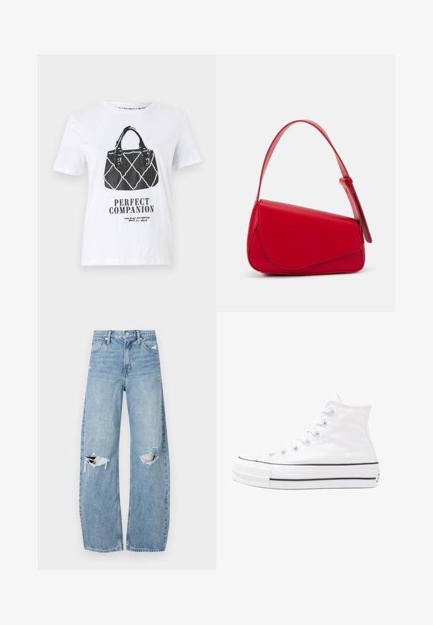 Biely tričko s čiernym grafickým návrhom kabelky s prešívaným dizajnom, koženými popruhmi a textom "PERFEKTNÝ SPOLUBYDLENEC" nižšie.; Svetlomodré, vysoké džínsy vyrobené z denimu. Majú široké nohavice, dve roztrhnuté kolená a klasický päťvreckový strih.; Biele vysoké plátené tenisky s čiernou gumovou podošvou, prednou gumovou špičkou a šiestimi okami na šnúrky, s čistým, minimalistickým dizajnom.; Červená kožená kabelka s ostrým, geometrickým dizajnom. Má jeden nastaviteľný popruh a uzatváranie na klopu so šitím.