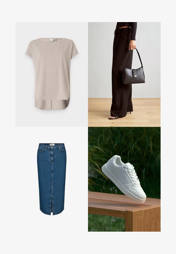 Lys beige kortærmet T-shirt lavet af blødt stof. Rund halsudskæring, afslappet pasform og en lidt længere ryg med sideslids.; Denim blyantskørt i mørkeblå, med en forslidse, fem lommer og kontrasterende syninger. Mellem høj talje med et klassisk design.; Hvid sneaker med en glat syntetisk overdel, perforeret tåboks, flade snørebånd og en tekstureret sål, præsenteret på en træoverflade.; Sort håndtaske med struktureret form, glat overflade og metalspænde. Sammen med brede sorte bukser og sandaler med åben tå på trægulv.