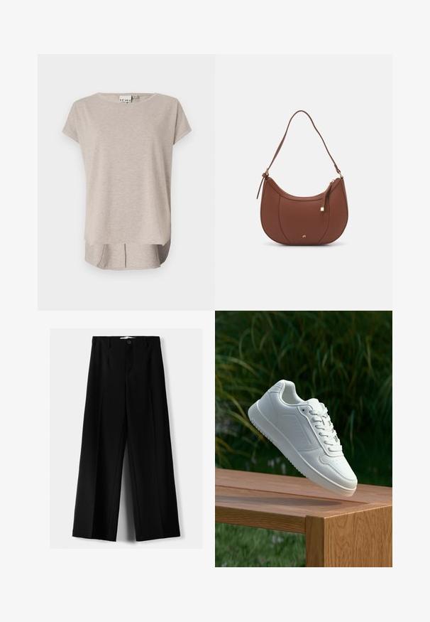 Lichtbeige T-shirt met korte mouwen, gemaakt van zachte stof. Rond halsje, ontspannen pasvorm en een iets langere achterkant met zijsplitten.; Zwarte wijde broek van lichtgewicht stof, met een knoopsluiting aan de voorkant en een vlakke achterkant, afgewerkt met keurig gestikte zoom.; Witte sneaker met een gladde synthetische bovenkant, geperforeerde neus, platte veters en een gestructureerde zool, tentoongesteld op een houten oppervlak.; Bruine faux leren schoudertas met een gebogen vorm, minimale stiksels en een gouden hardware-accent. Voorzien van een bovenste ritsluiting en een verstelbare schouderband.
