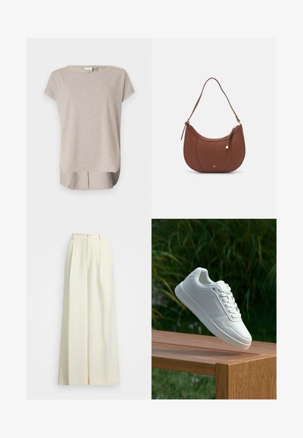 Camiseta de manga corta color beige claro hecha de tela suave. Cuello redondeado, corte relajado y un poco más larga por detrás con aberturas laterales.; Pantalones de pierna ancha en tejido blanco roto, con cintura alta, pinzas dobles y cierre de botón. Textura suave y diseño a medida.; Zapatilla blanca con un upper sintético suave, caja de dedos perforada, cordones planos y una suela texturizada, exhibida sobre una superficie de madera.; Bolso de hombro de imitación cuero marrón con forma curva, costura mínima y un acento de hardware en tono dorado. Presenta un cierre de cremallera en la parte superior y una correa ajustable.