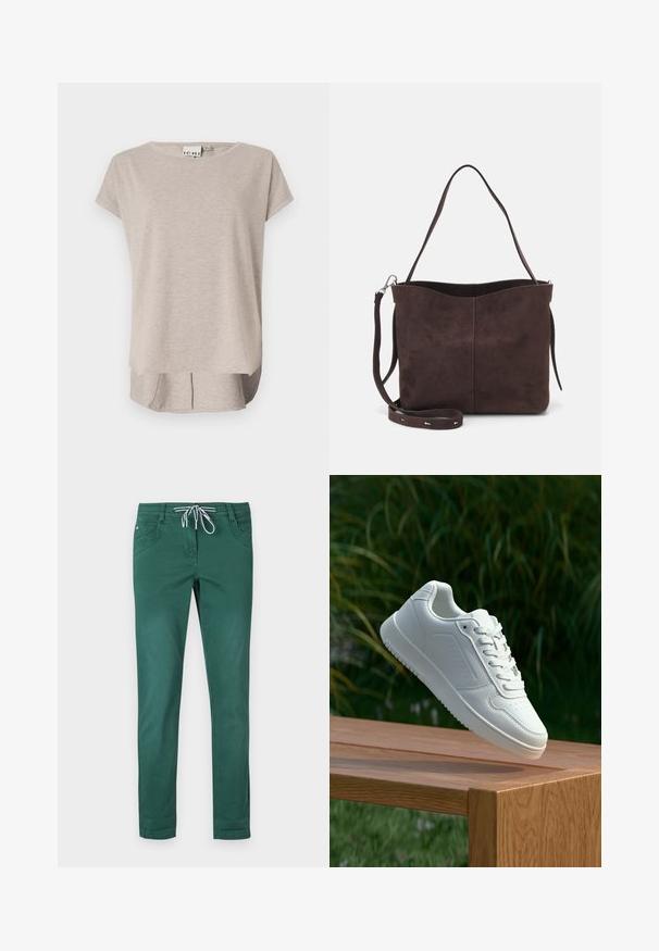 Light beige short-sleeve T-shirt made from soft fabric. Rounded neckline, relaxed fit, and a slightly longer back with side slits.; Green cotton blend trousers with a straight-leg design, drawstring waistband, and two front pockets. Smooth texture and no patterns.; White sneaker with a smooth synthetic upper, perforated toe box, flat laces, and a textured sole, displayed on a wooden surface.; Brown suede tote bag with a soft texture, featuring a single shoulder strap and a subtle curved top opening. No visible hardware details.