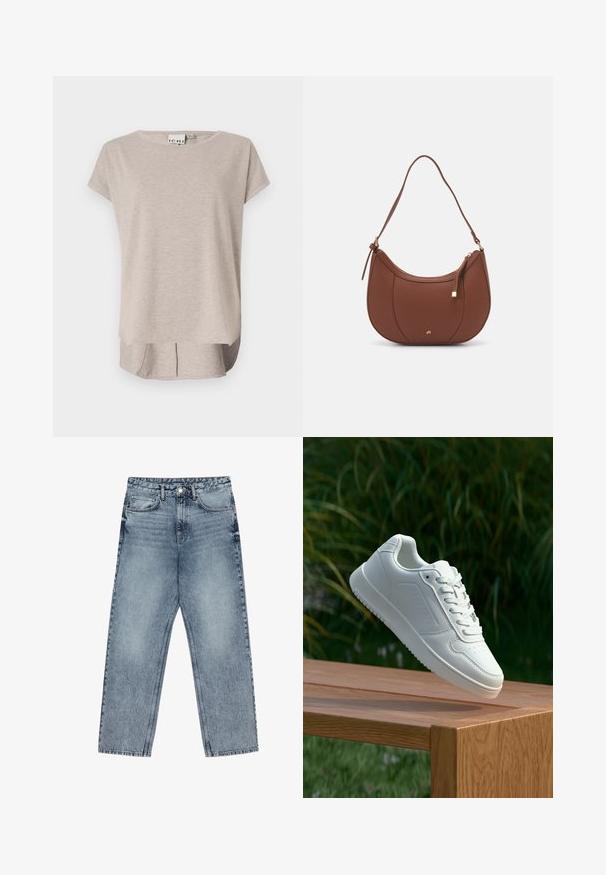 Vaalean beige lyhythihainen T-paita, joka on valmistettu pehmeästä kankaasta. Pyöreä kaulus, rento malli ja hieman pidempi selkä, jossa on sivurei'ät.; Vaaleansiniset farkut, joissa on suora lahje, näkyvät tikkaus, viisi taskua ja napin suljenta vyötäröllä.; Valkoiset tennarit, joissa on sileä synteettinen päällinen, rei'itetty varvasosa, litteät nauhat ja teksturoitu pohja, esillä puupinnalla.; Ruskea keinonahkainen olkalaukku, jossa on kaareva muoto, minimaalinen ompelu ja kultasävyinen varuste. Varustettu ylhäältä avautuvalla vetoketjullisella suljennalla ja säädettävällä hihnalla.