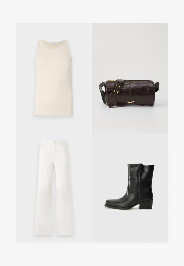 Filippa K TANK - Felső - dusty beige; Fehér, magas derekú, bő szabású farmernadrág. Gombos záródással, két elülső zsebbel és oldalsó varrásokkal rendelkezik, amelyek varrási részleteket tartalmaznak.; Fekete bőr bokacsizma lekerekített orral, blokk sarkúval, oldalsó cipzárral és varrásos díszítéssel az elején. Simább textúra, klasszikus dizájn.; Barna krokodilbőr hatású bőr táska henger alakú, arany tónusú fémveretekkel és lecsatolható, szegecsekkel díszített pánttal.