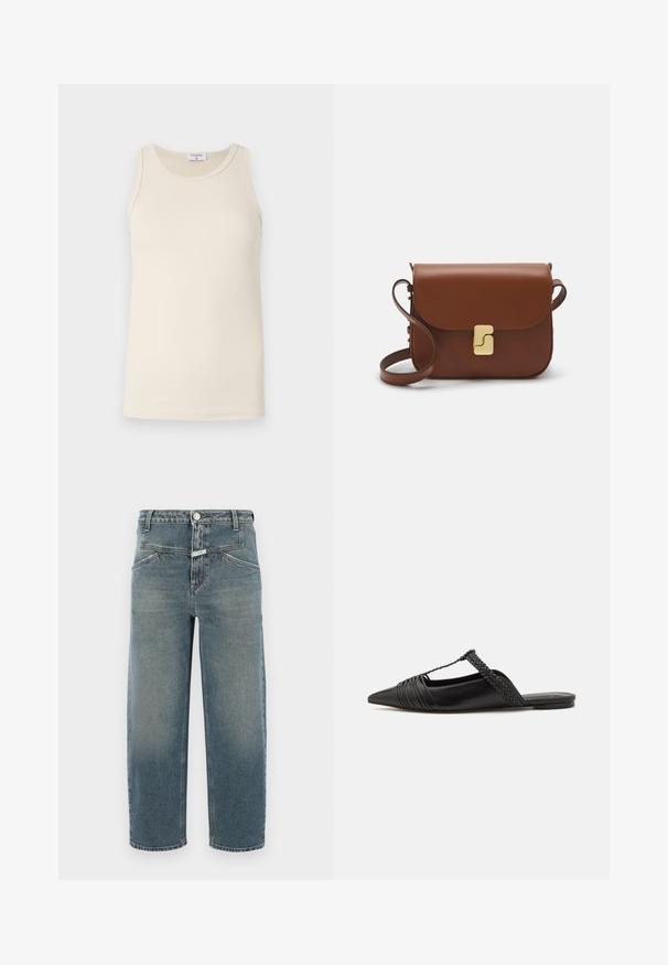 Filippa K TANK - Top - dusty beige; CLOSED STOVER X - Jeans Tapered Fit - mid blue; Schwarzer Leder-Slingback-Schuh mit spitzem Zehenbereich, ausgestattet mit einem geflochtenen Akzent und einem gefalteten Oberdesign. Flache Sohle mit minimalem Zubehör.; Braune Ledertasche mit Klappenverschluss, Beschlägen in Goldfarbe, einem Schultergurt und einer glatten Oberfläche. Kompakte rechteckige Form.