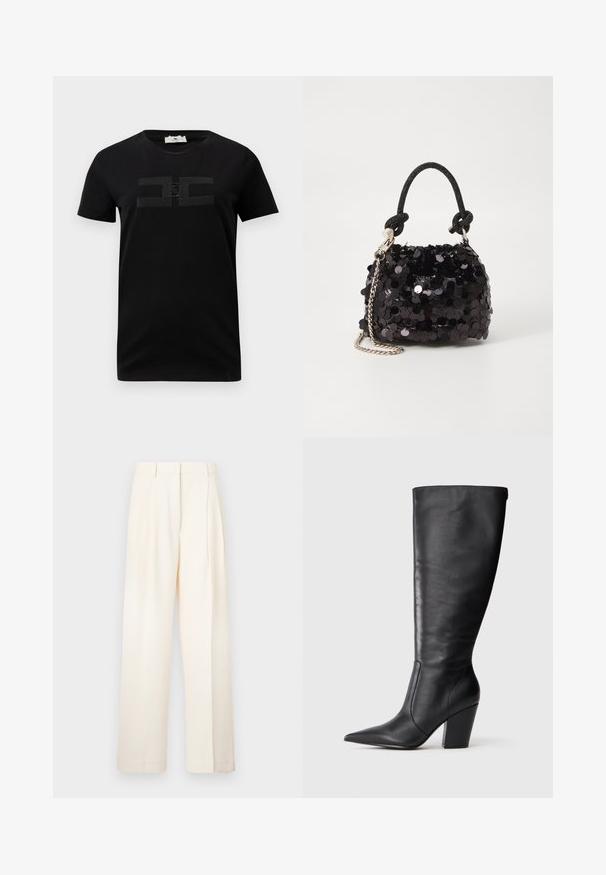 Juodas medvilnės marškinėliai trumpomis rankovėmis su apvaliu iškirpimu, su toniniu logotipo dizainu ant krūtinės. Lygus tekstūra ir klasikinis siluetas.; Platus kelnes kreminės spalvos, pagamintos iš glotnaus audinio. Turi pritaikytą dizainą su priekinėmis klostėmis ir tiesiu pasiuvimu.; Juodos aulinės odos botai iki kelių su smaigalio formos pirštu ir masyviu aukštu kulnu, pavaizduoti kairėje profilyje ant balto fono.; Juodas blizgučių mini rankinukas su mazguotu tekstūruotu dirželiu ir sidabro grandine. Suapvalinta forma su susiraukšlėtopu ir atspindinčiomis detalėmis.