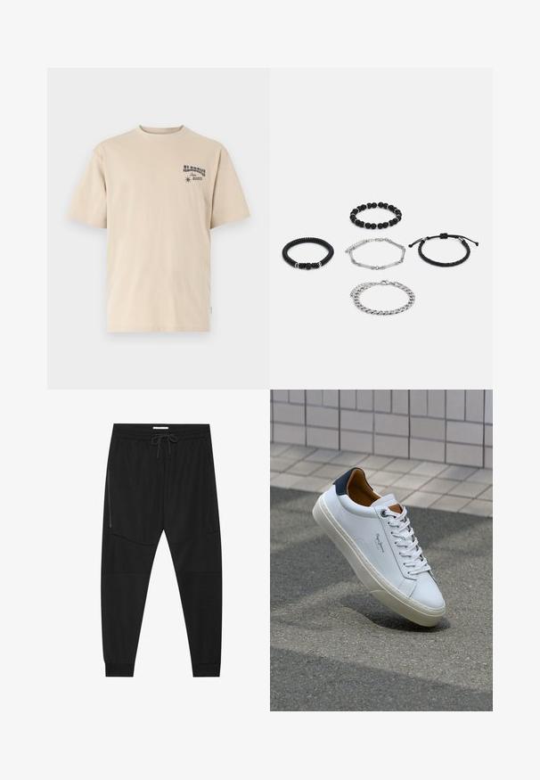 Beige short-sleeve t-shirt made from cotton. Features a graphic print on the left chest with text "ALABAMA Rodeo" and a star icon.; Black athletic pants made of textured fabric, featuring an adjustable waistband, zippered side pocket, and tapered cuffs.; White leather sneaker with a navy heel, round toe, and contrasting brown accents. Features flat laces and textured rubber sole.; Five bracelets: two black bead bracelets, one textured black cord, one silver chain, and one braided black cord with adjustable closure.