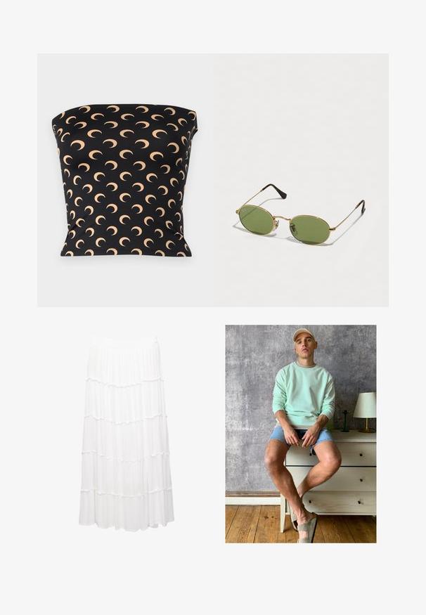 Černý top bez ramínek vyrobený z elastického materiálu, který obsahuje opakovaný vzor srpku měsíce v světle béžové barvě po celém povrchu.; Bílá sukna ve vrstvách vyrobená z lehké tkaniny, s elastickým pasem, volánkovými vrstvami a splývavým designem, který sahá až k polovině tel. Zároveň je pohodlná a vzdušná.; Mátově zelená mikina, džíny šortky a olivově zelené slip-on boty. Sedící na světlé komodě proti texturované šedé zdi.; Oválné sluneční brýle se zelenými skly, zlatým kovovým rámem a tmavě hnědými plastovými konci. Lehoučké, s viditelným logem Ray-Ban na jednom skle.
