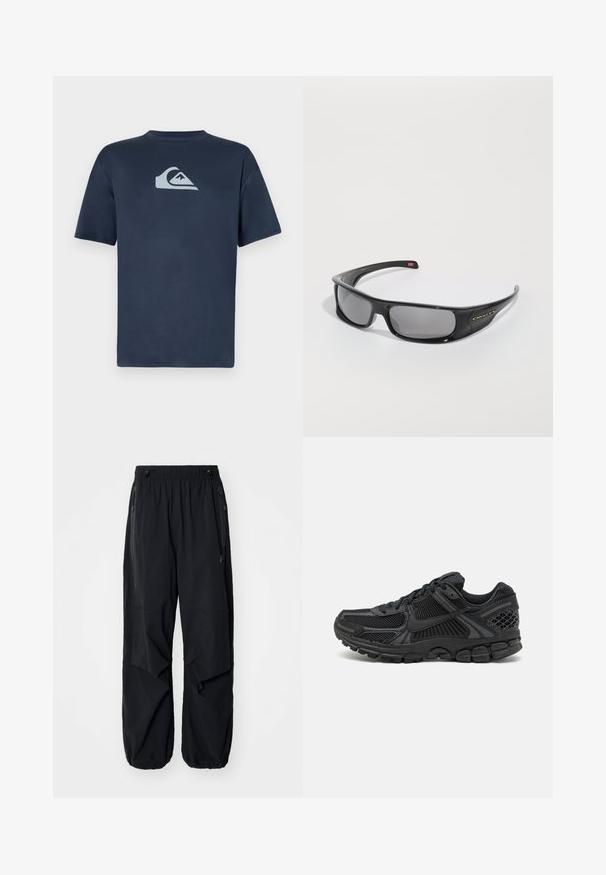 Navy blue cotton t-shirt with short sleeves, featuring a light gray logo on the chest. Smooth texture, crew neck design, and regular fit.; Black lightweight cargo pants with an elastic waistband, side zippers, and spacious pockets. Features a loose fit and tapered cuffs.; Black athletic shoe featuring mesh upper, rubber sole, and textured accents. Design includes pronounced lacing system and cushioned sole.; Black Oakley wraparound sunglasses with dark rectangular lenses and curved arms on a plain white background.