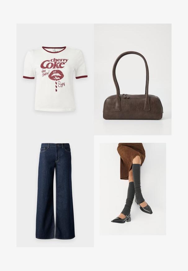 Biała bawełniana koszulka z krótkim rękawem, bordo kołnierzykiem i mankietami, z graficznym retro wzorem ust, słomki oraz napisem "cherry Coke."; Jeansy z szerokimi nogawkami w ciemnoniebieskim denienie. Posiadają kontrastowe przeszycia, pięć kieszeni oraz zapięcie na guzik w talii. Gładka faktura.; Czarne lakierowane buty na szpilce z prostokątnym obcasem i paskiem na kostce, zestawione z szarymi prążkowanymi ocieplaczami na nogi oraz brązową zamszową spódnicą.; Brązowa skórzana torebka na ramię z dwoma solidnymi uchwytami, prostokątny kształt, gładka faktura i zamek błyskawiczny. Minimalistyczny design bez widocznych wzorów.