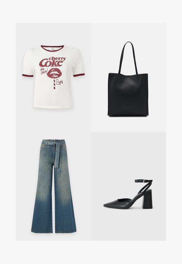 Λευκό βαμβακερό T-shirt με κοντά μανίκια, μπορντό γιακά και μανσέτες, που περιλαμβάνει έναν ρετρό σχεδιασμό με χείλη, ένα καλαμάκι και το κείμενο "cherry Coke".; Πολυάριθμα τζιν παντελόνια με φαρδύ πόδι που διαθέτουν ένα ελαφρύ έως σκούρο μπλε gradient, ψηλή μέση, θηλιές ζώνης και μια ταιριαστή ζώνη από το ίδιο ύφασμα. Υφή τζιν.; Μαύρο δερμάτινο ψηλοτάκουνο παπούτσι με οξύ μυτερό τόξο, λουράκι στον αστράγαλο και χοντρό τακούνι. Λείος υφασματισμός, κομψός σχεδιασμός και μινιμαλιστική αισθητική.; Μαύρη δερμάτινη τσάντα tote με λείο υφή, ορθογώνιο σχήμα και δύο μακριές λαβές. Χωρίς ορατό υλικό ή διακοσμητικά στοιχεία.