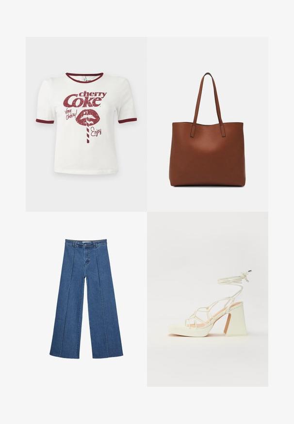 White cotton t-shirt with short sleeves, maroon collar and cuffs, featuring a retro-style graphic of lips, a straw, and the text "cherry Coke."; Wide-leg denim jeans in medium blue, featuring a high waist, button closure, and contrasting vertical seam details along the front.; White high-heeled sandal with a chunky heel, featuring a strappy design and ankle tie. Smooth texture with a platform front for added height.; Brown leather tote bag with a smooth texture, open top design, and two shoulder straps. Features minimal stitching and no visible hardware.
