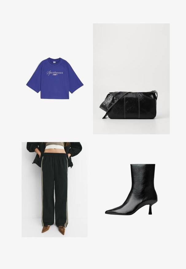 Fialové zkrácené tričko s širokými krátkými rukávy. Uprostřed přední strany se nachází logo "Sportswear by PUMA" v bílé kurzívě. Měkký materiál.; Černé, volné tepláky s elastickým pasem a bočními kapsami, s kontrastními světle béžovými pruhy podél nohavic.; Černé kotníkové boty vyrobené z lesklé kůže s špičatou špičkou a úzkým podpatkem, se hladkým povrchem a minimalistickým designem.; Černá kožená kabelka přes rameno se zapínáním na zip, s texturovaným tělem, bílým prošíváním a popruhem se stříbrnými očky.